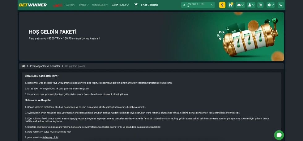 Betwinner Casino Hoş Geldin Bonusu